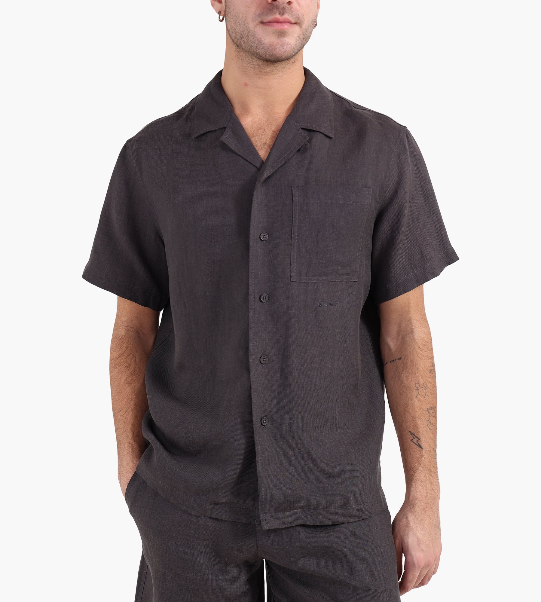 値下 CE COTTON LINEN CASUAL SHIRT CHARCOAL OLAF Linen Blend Short Sleeve Shirt Charcoal
