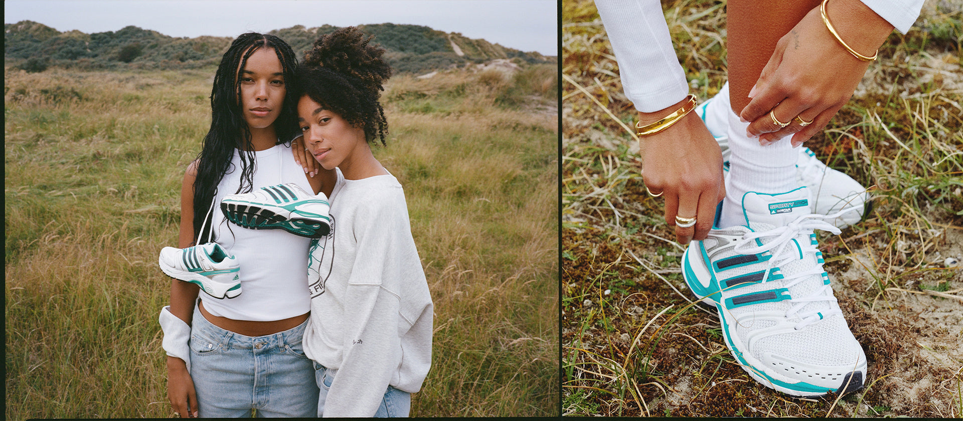 Black adidas sneaker with suede-like material and rubber sole, partially covered by jeans. The shoe is placed on a smooth concrete floor background.