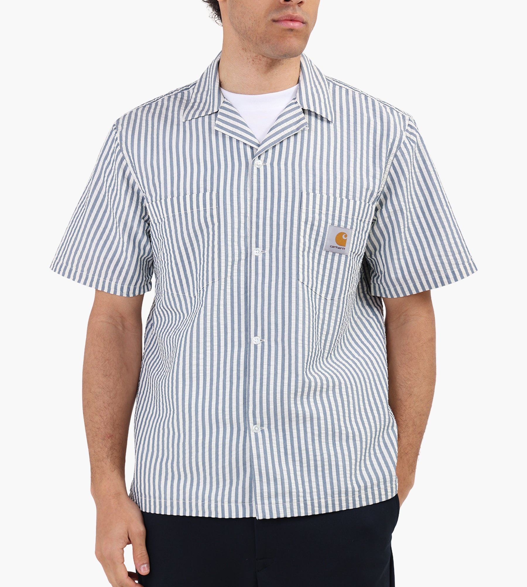 Carhartt WIP Short Sleeve Leavel Shirt Leavel Stripe Blue River Wax