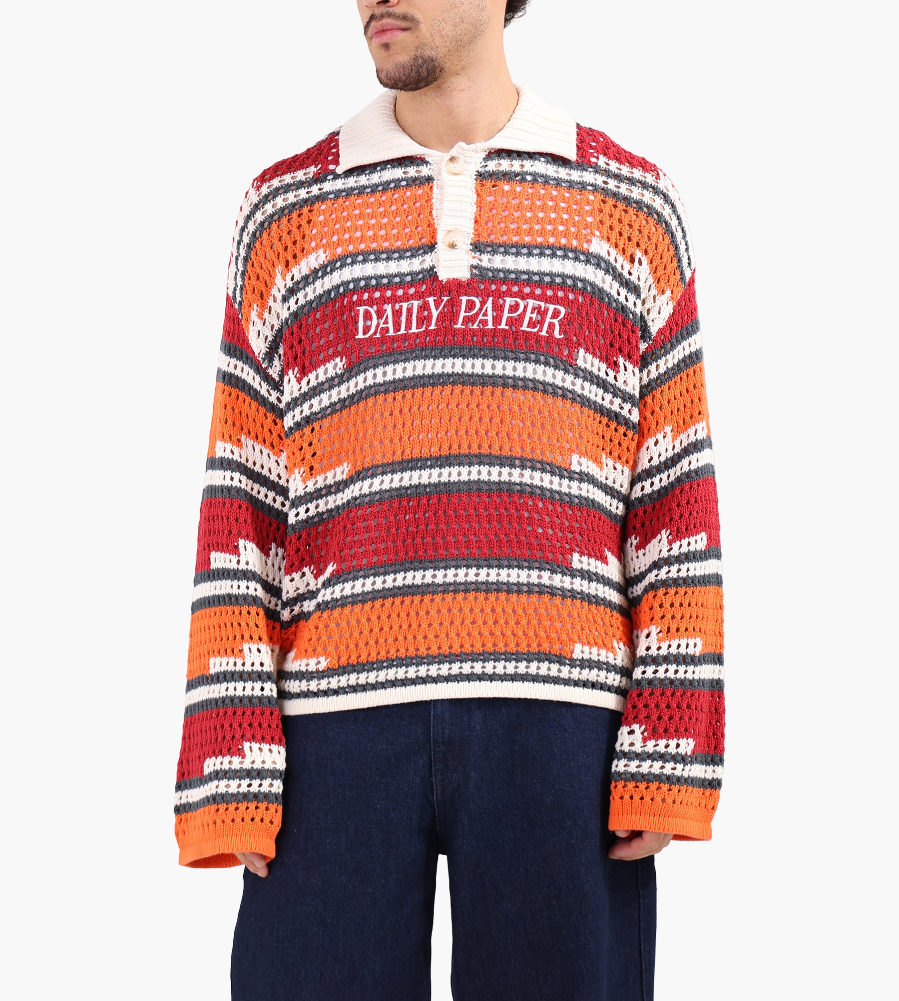 Daily Paper Kente Stripe Knit Polo Haute Red Tigerlily