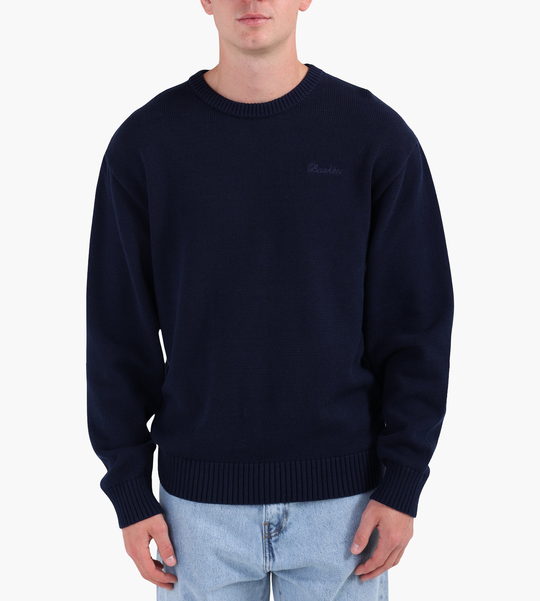 Baskèts Modern Script Knit Crewneck Deep Marine