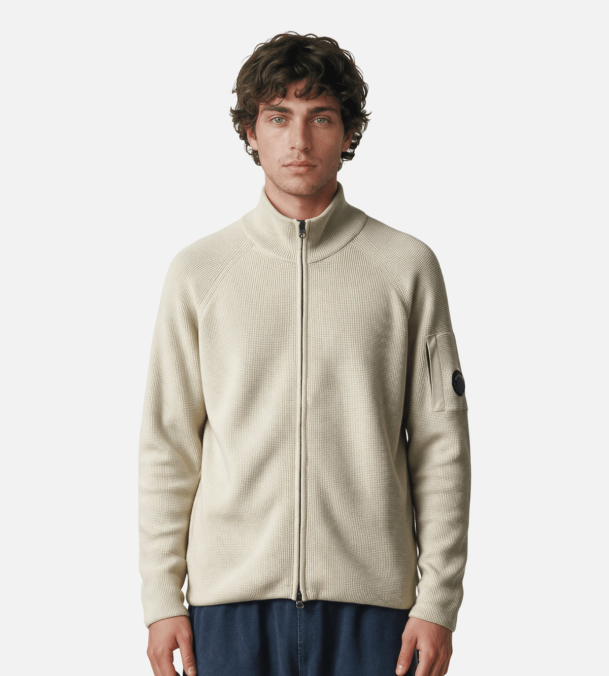 C.P. Company Waffle Knit Cotton Zip Lens Cardigan Silver Birch