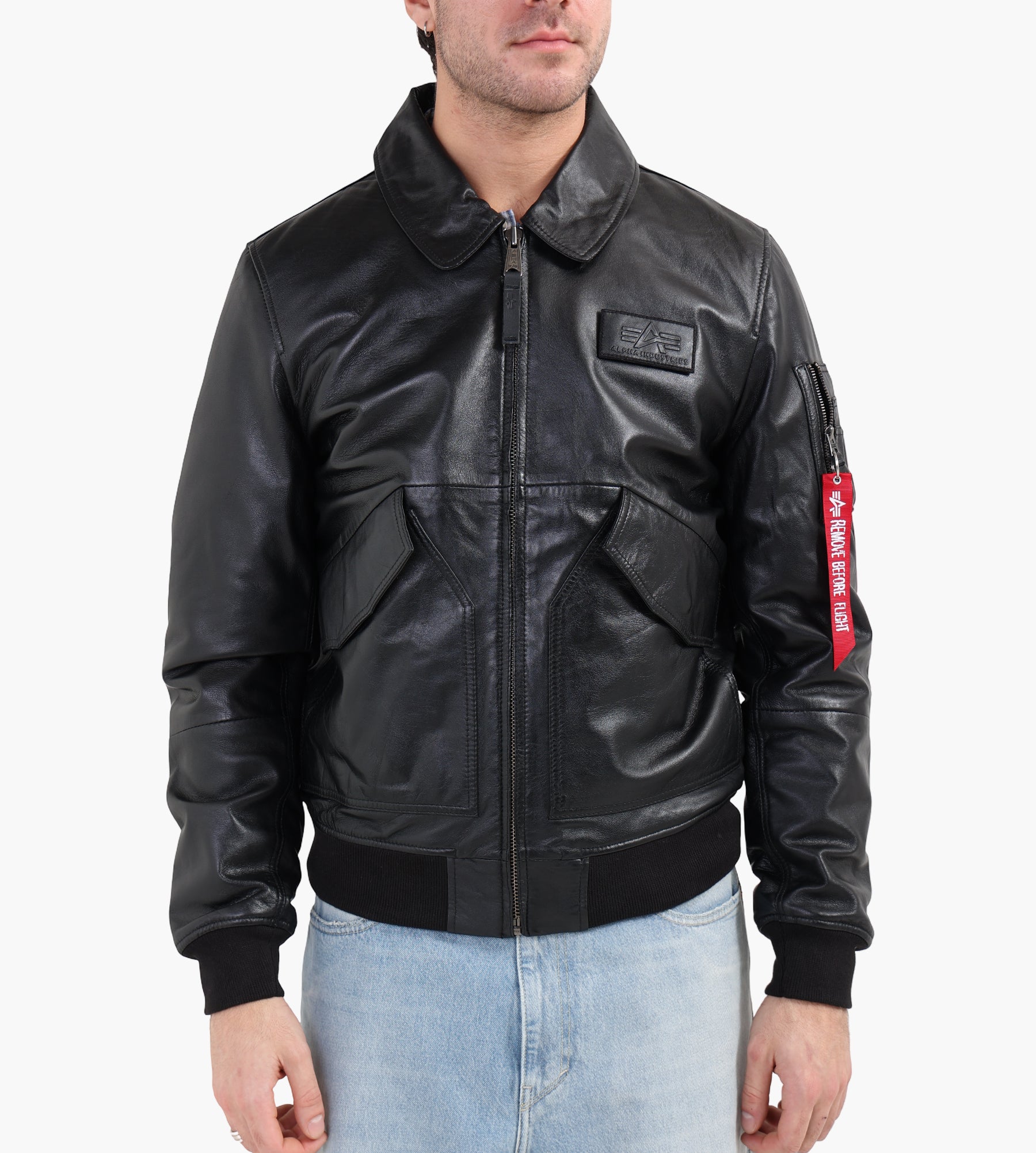 Alpha Industries CWU 45/P Leather Lightweight Bomber Jacket Black