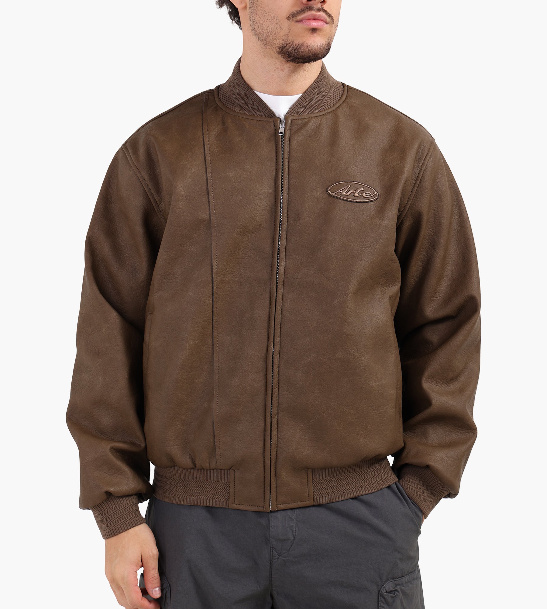 Arte Antwerp Leather Varsity Jacket Brown