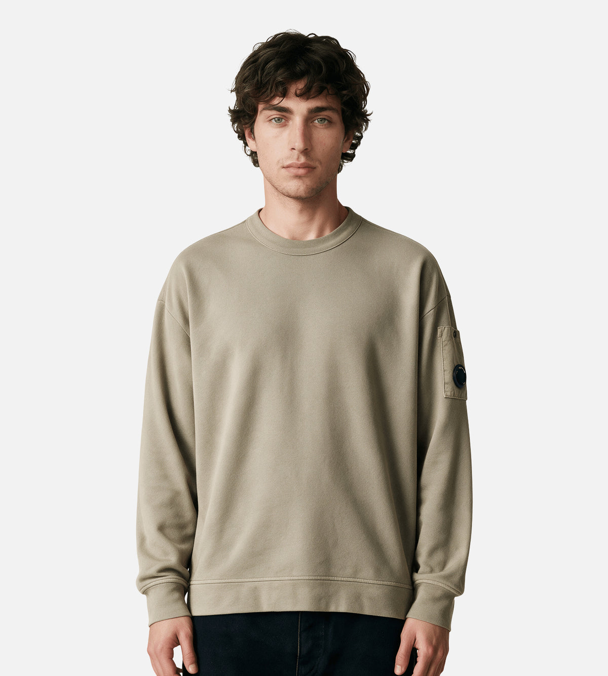 C.P. Company Brushed And Emerized Diagonal Fleece Mixed Boxy Crewneck Lens Fallen Rock