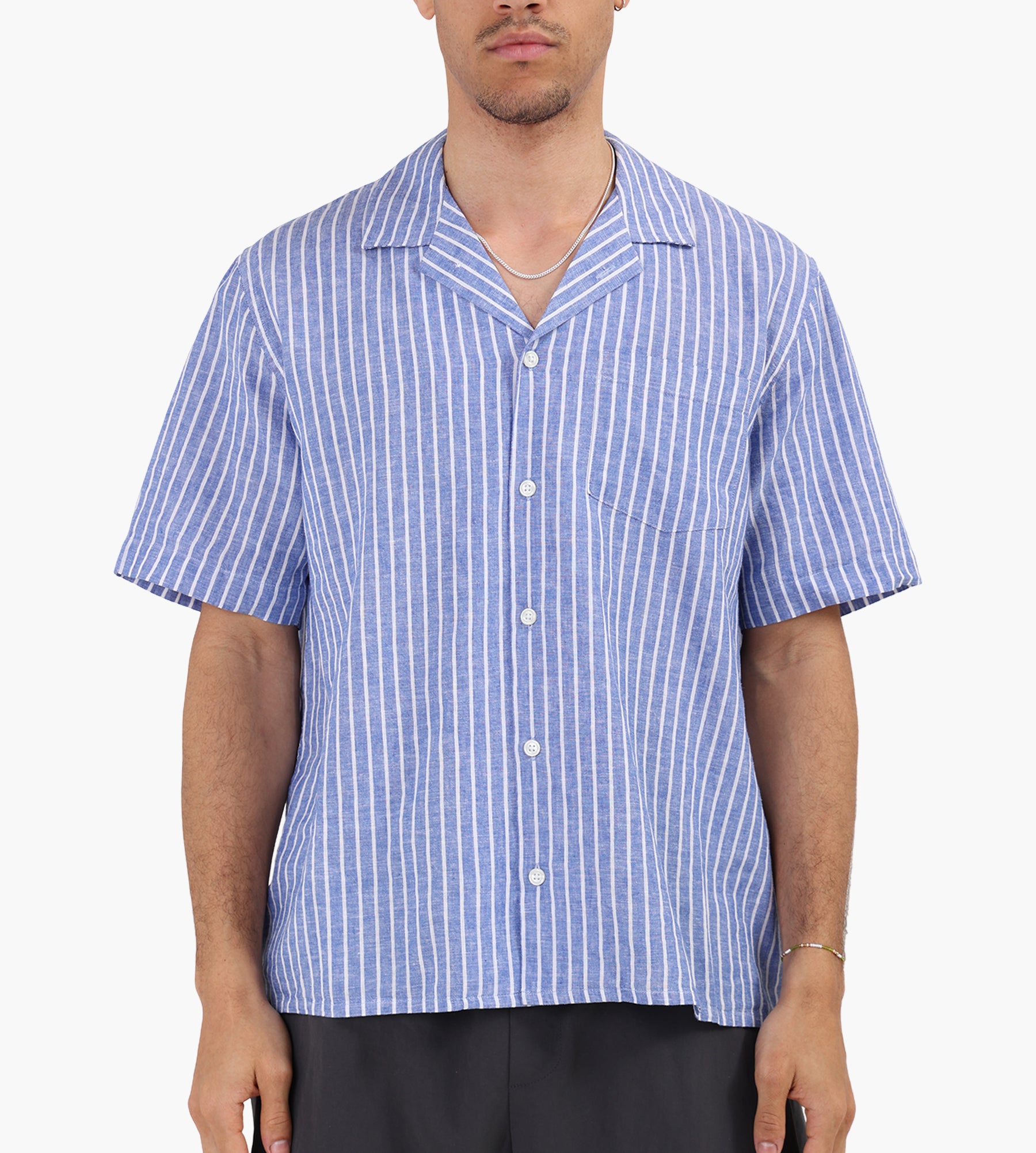 Corridor Linen Stripe Short Sleeve Shirt Blue