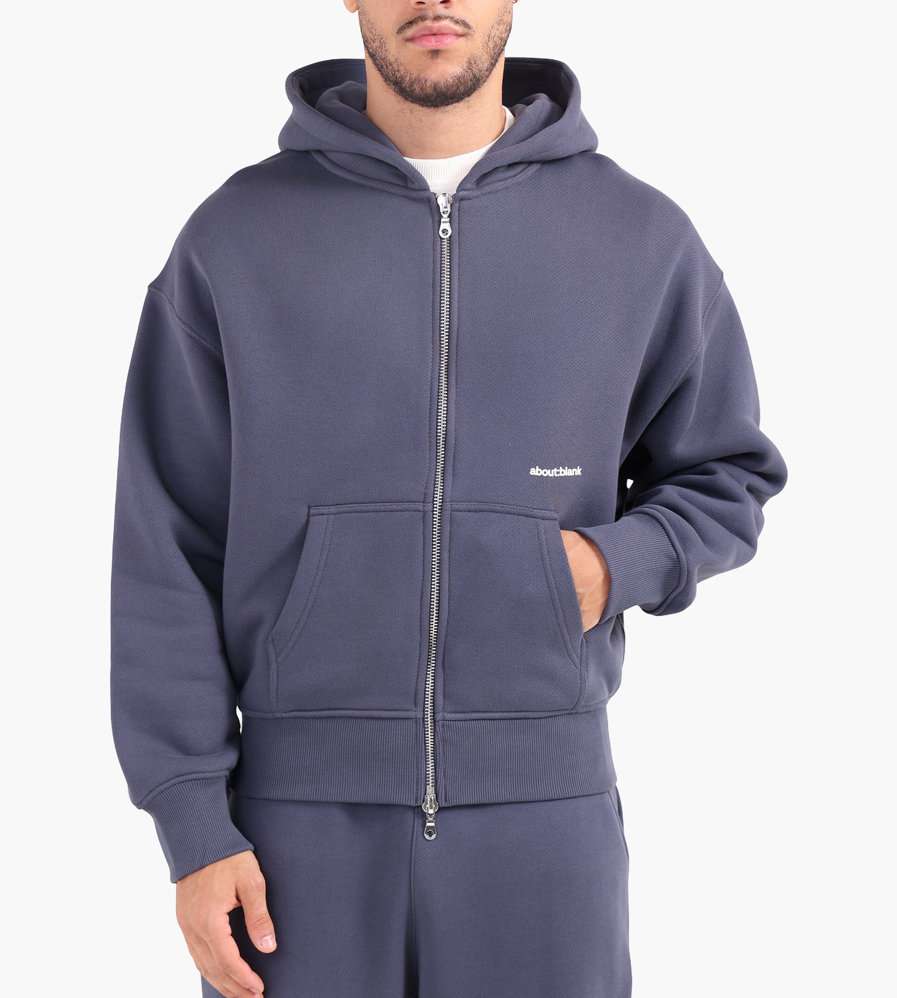 about:blank Box Zip Hoodie Cotton Smoke Blue Ecru