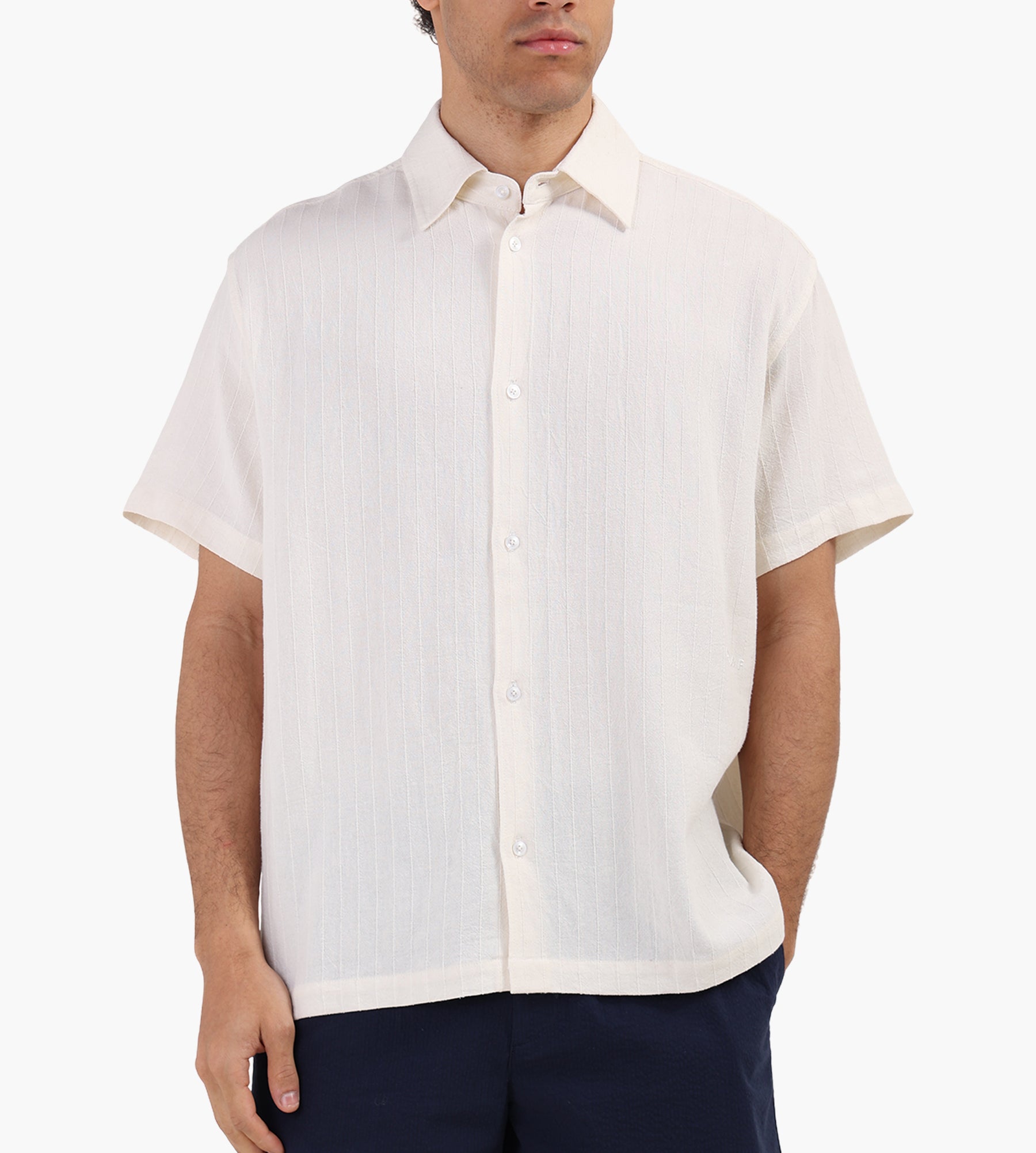 OLAF Textured Stripe Boxy Short Sleeve Shirt Offwhite