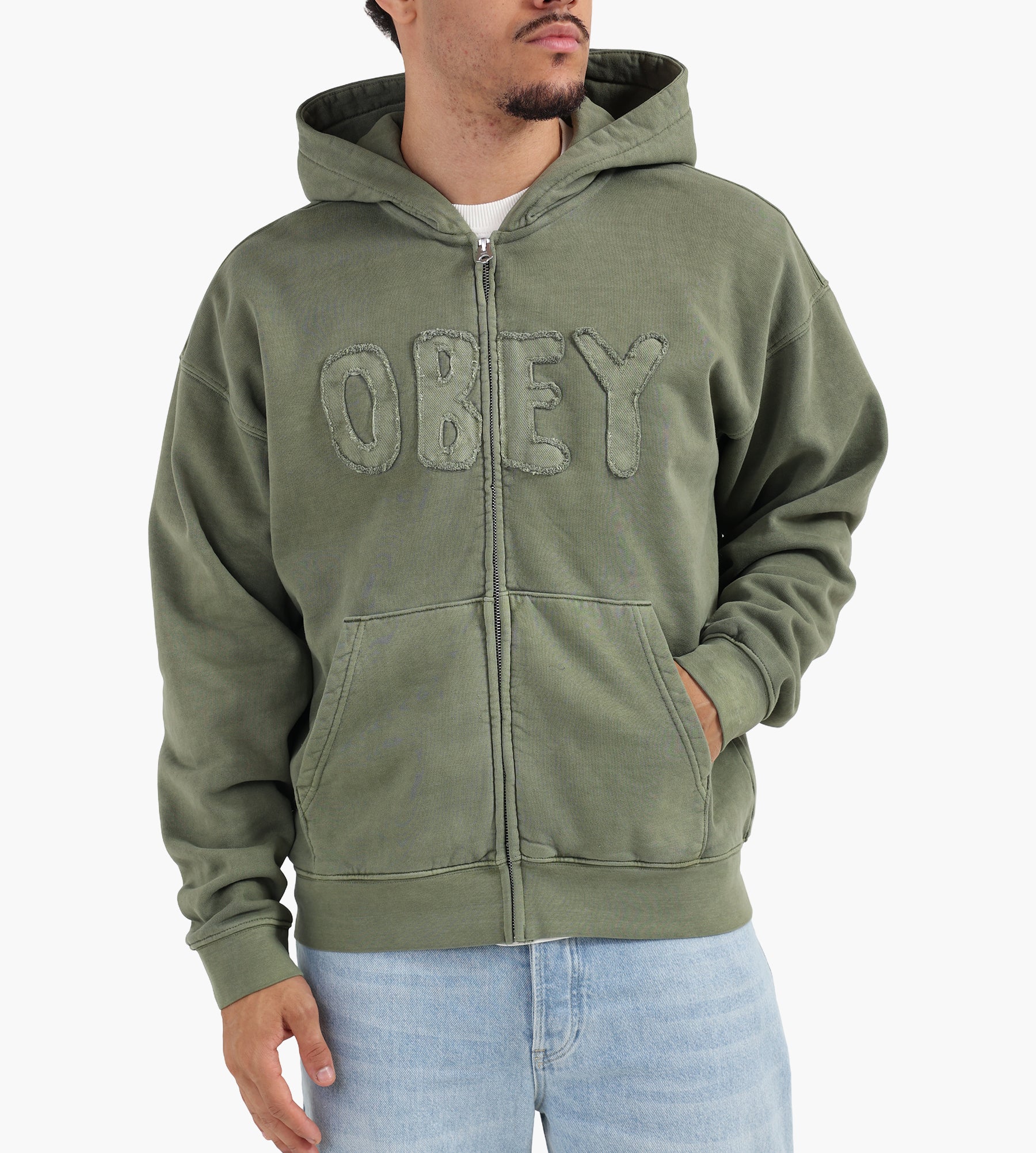 Obey Hybrid Faded Zip Hoodie Deep Lichen Green Faded Wash