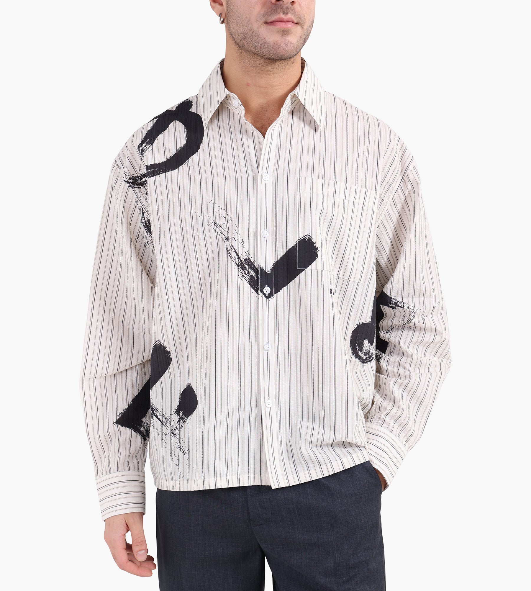 OLAF Brushstroke Logo Stripe Long Sleeve Shirt Charcoal White