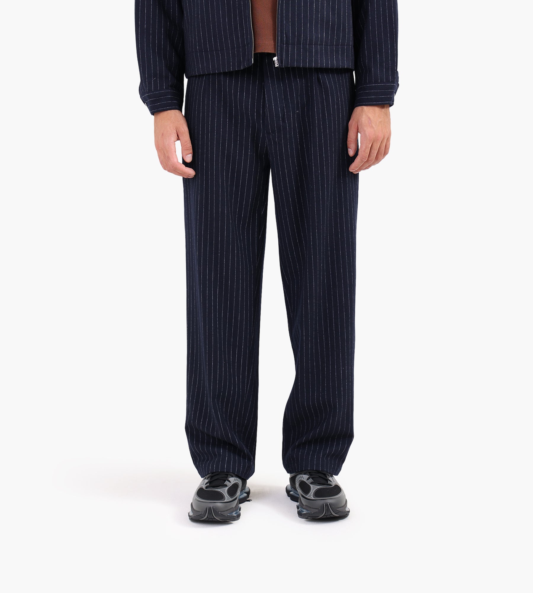 Ange Projects Pinstripe Wool Trousers Navy
