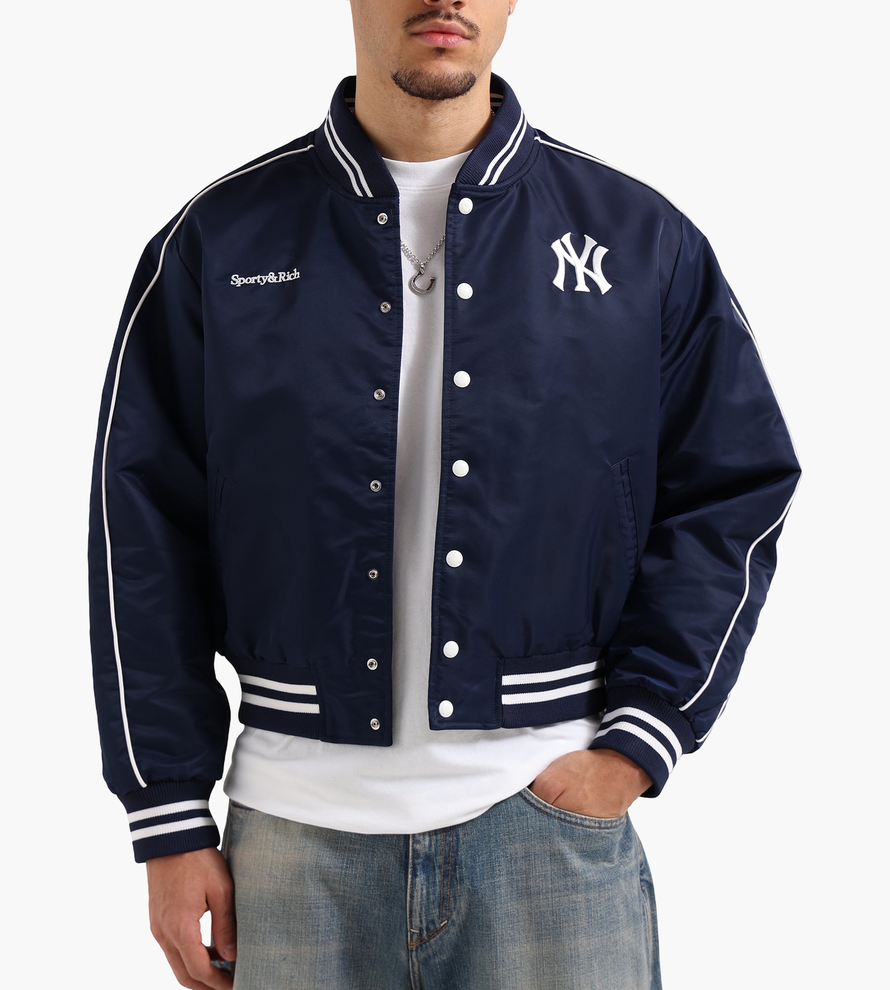 Sporty & Rich Yankees Curve Nylon Varsity Jacket Dark Navy White
