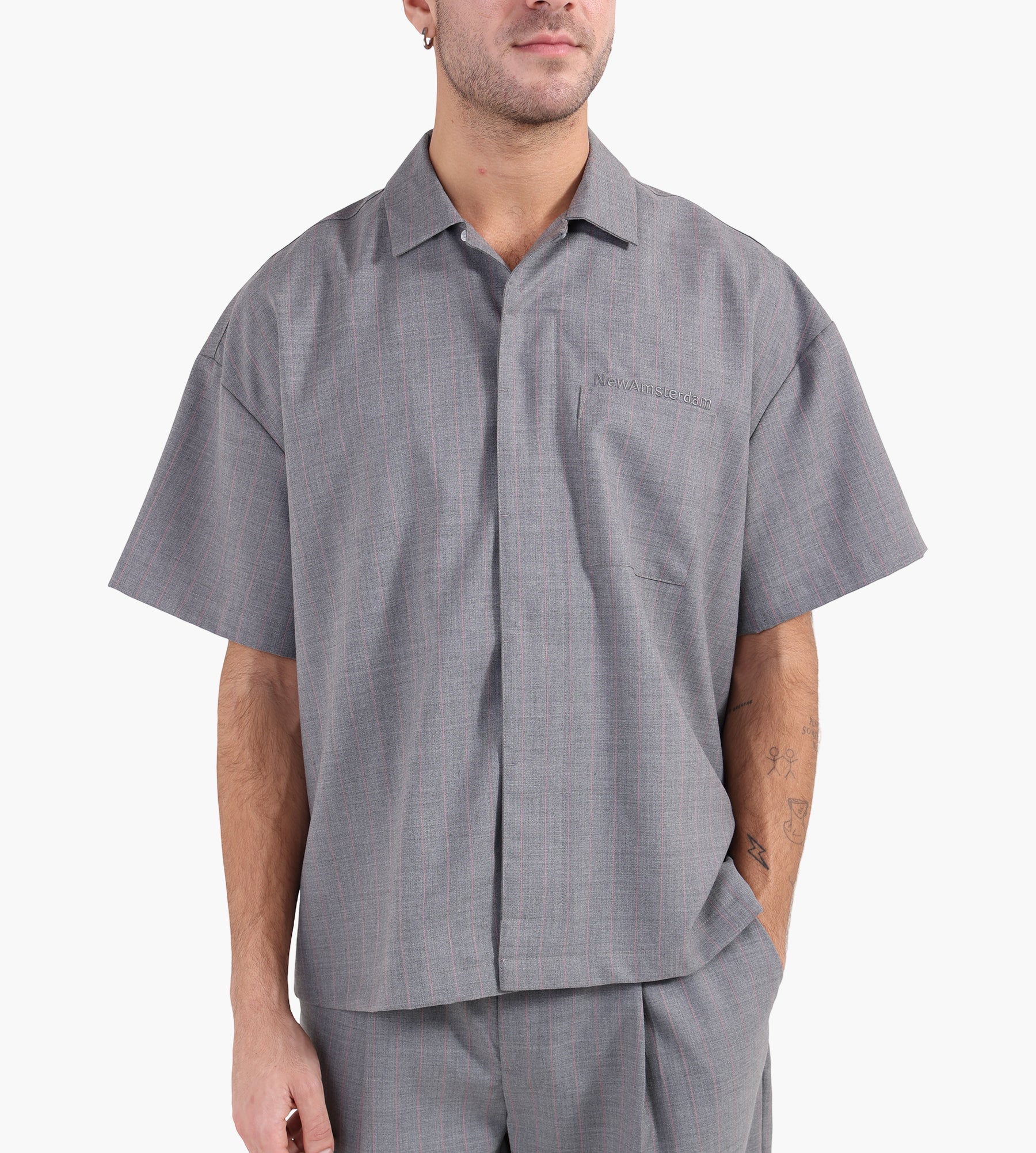 New Amsterdam Surf Association Wijk Shirt Wool Grey W Pink Pinstripes