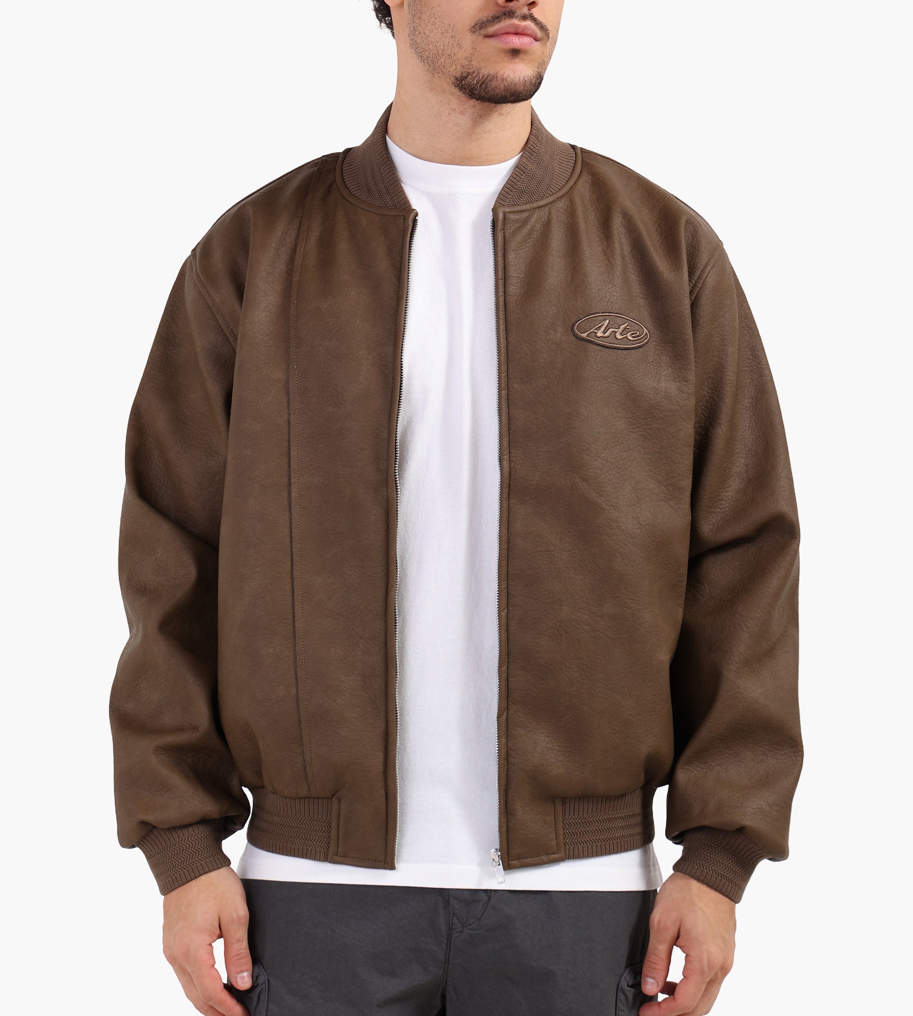 Arte Antwerp Leather Varsity Jacket Brown