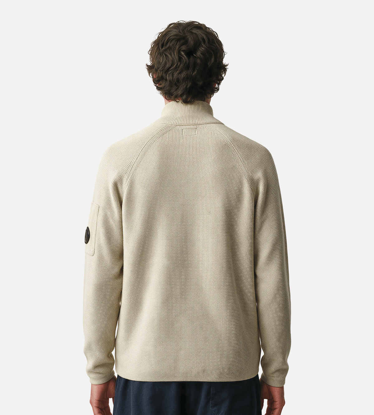 C.P. Company Waffle Knit Cotton Zip Lens Cardigan Silver Birch