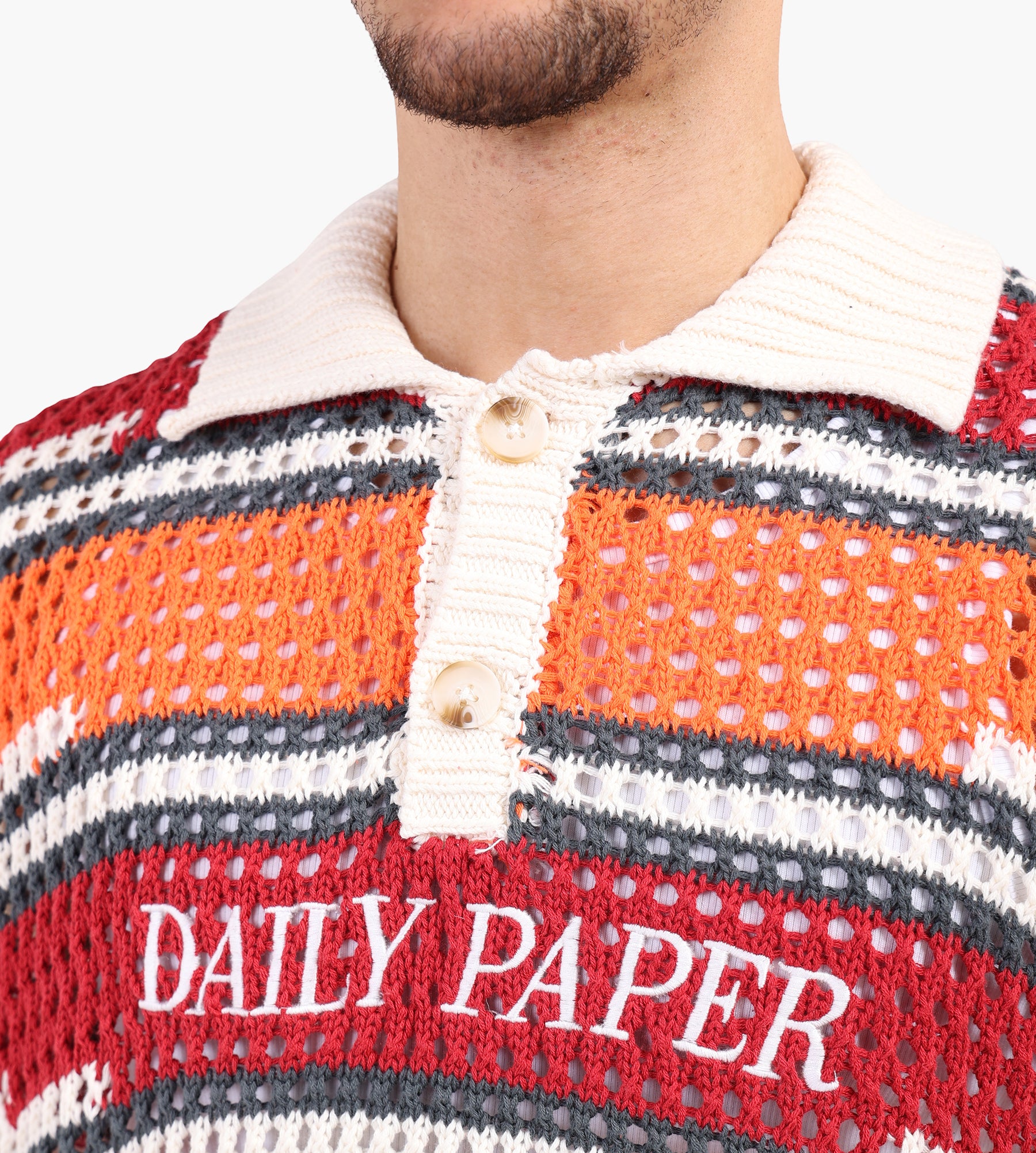 Daily Paper Kente Stripe Knit Polo Haute Red Tigerlily - Daily Paper - Clothing