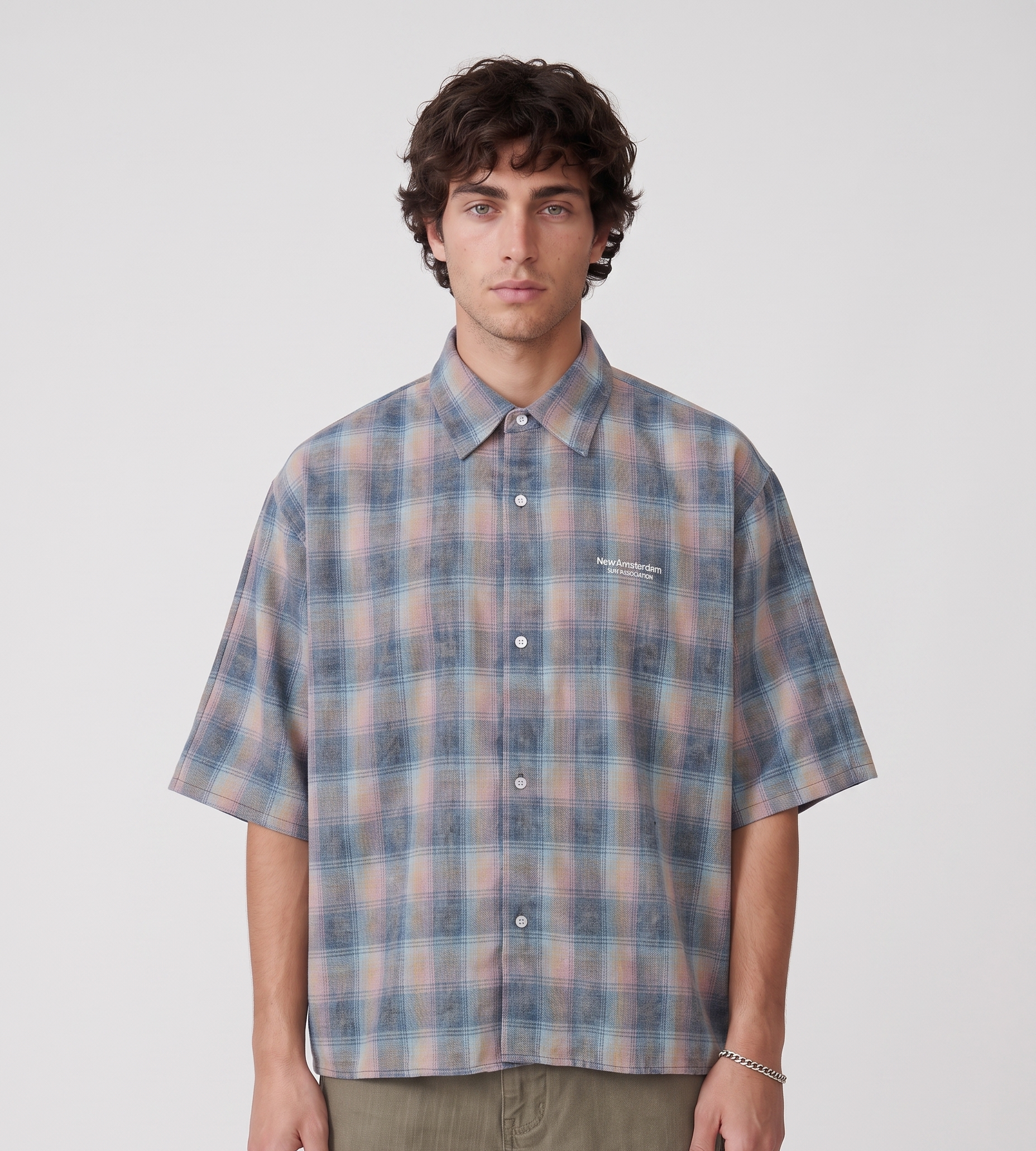 New Amsterdam Surf Association Flanel Short Sleeve Button Up Rainbow Check
