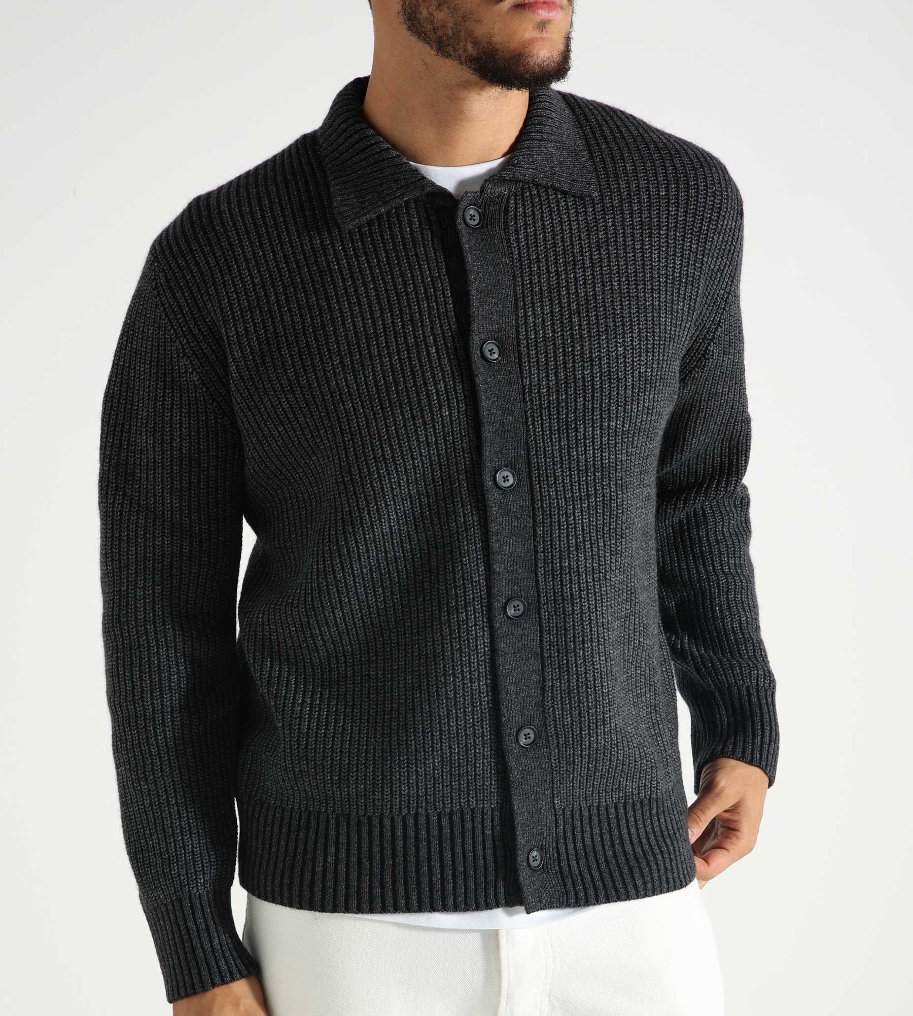 OLAF Knitted Ribbed Cardigan Dk Grey