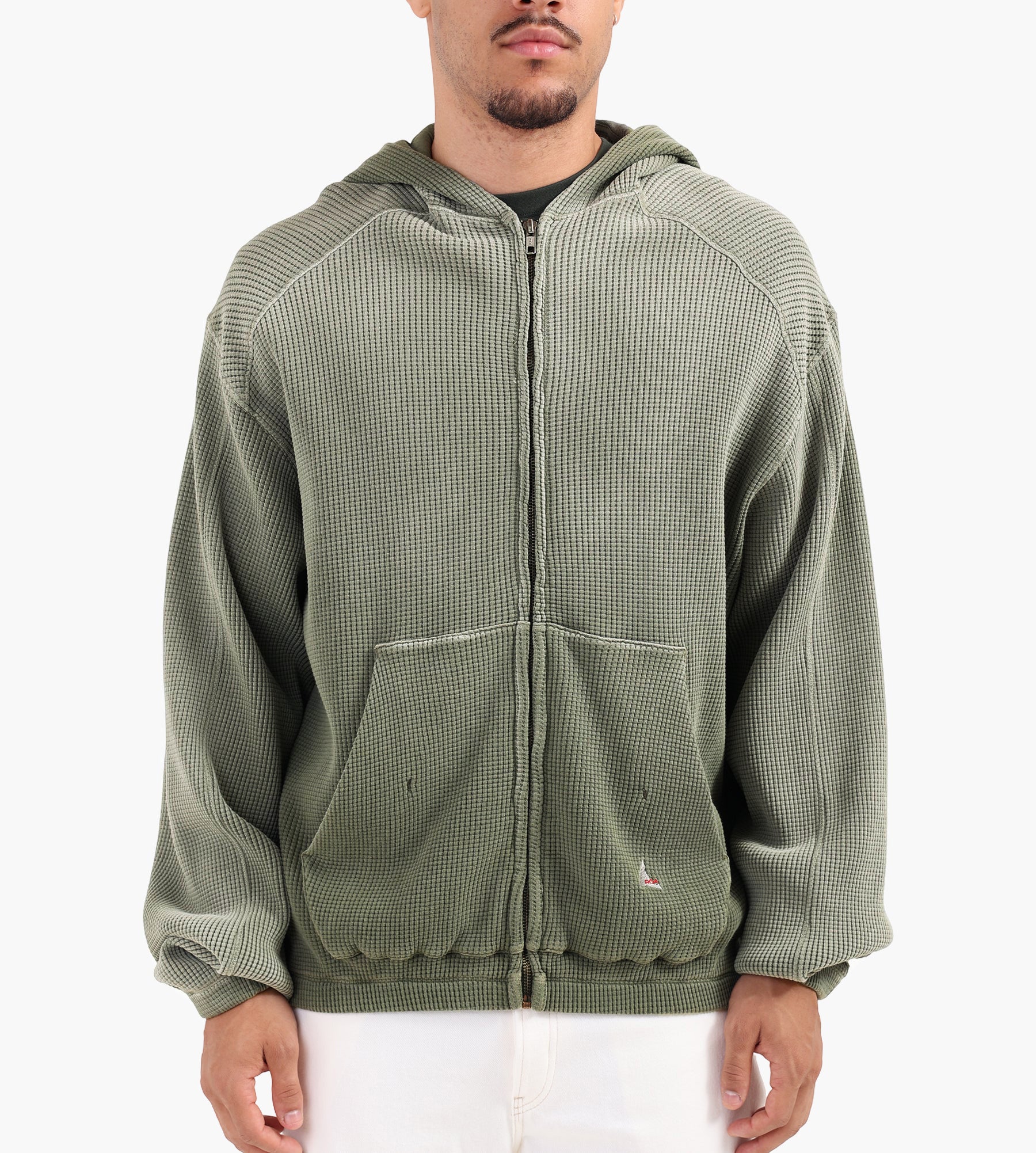 ROA Bee Sun Faded Waffle Zip Up Hoodie Olive
