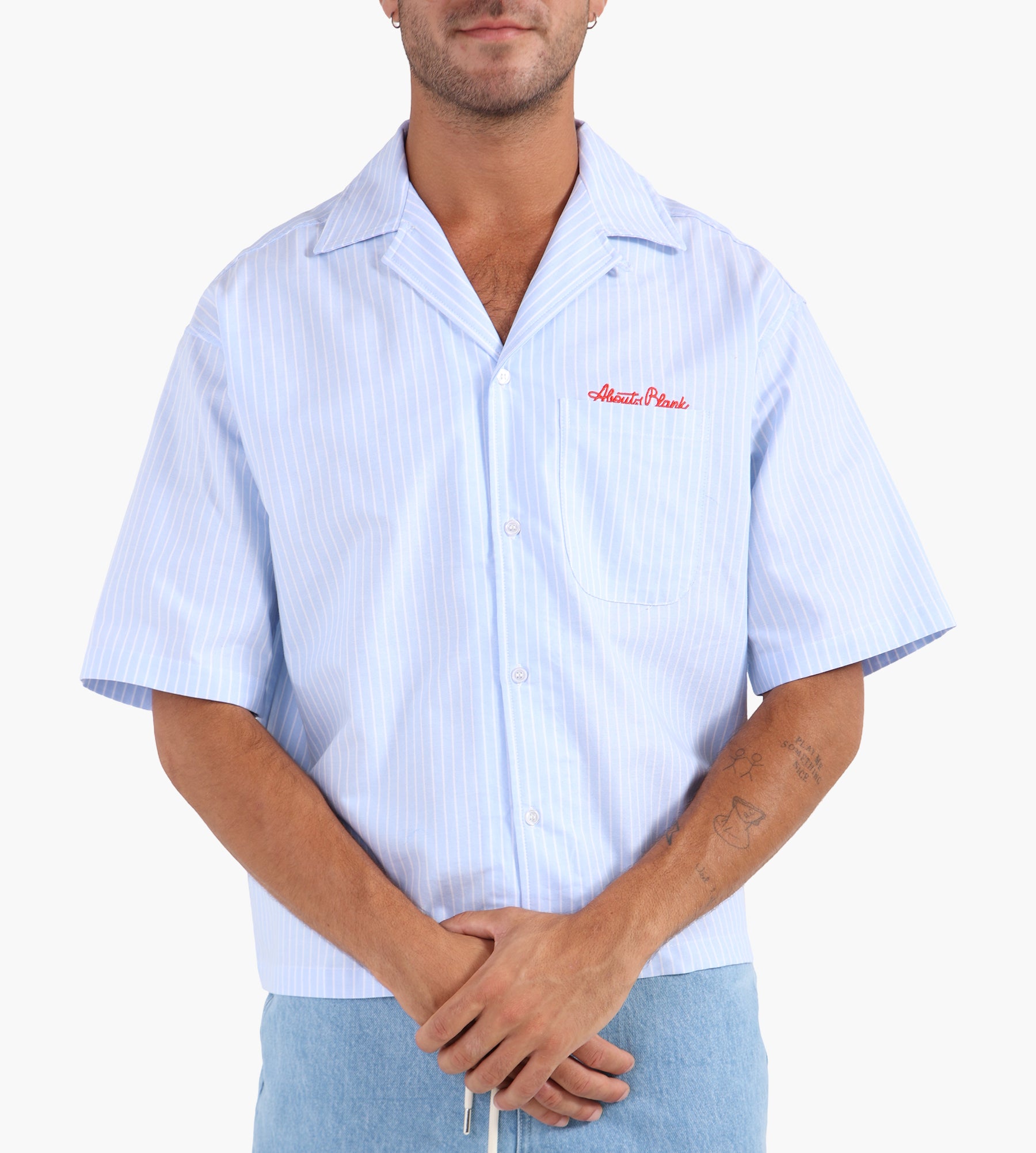 about:blank Script Short Sleeve Shirt Blue White