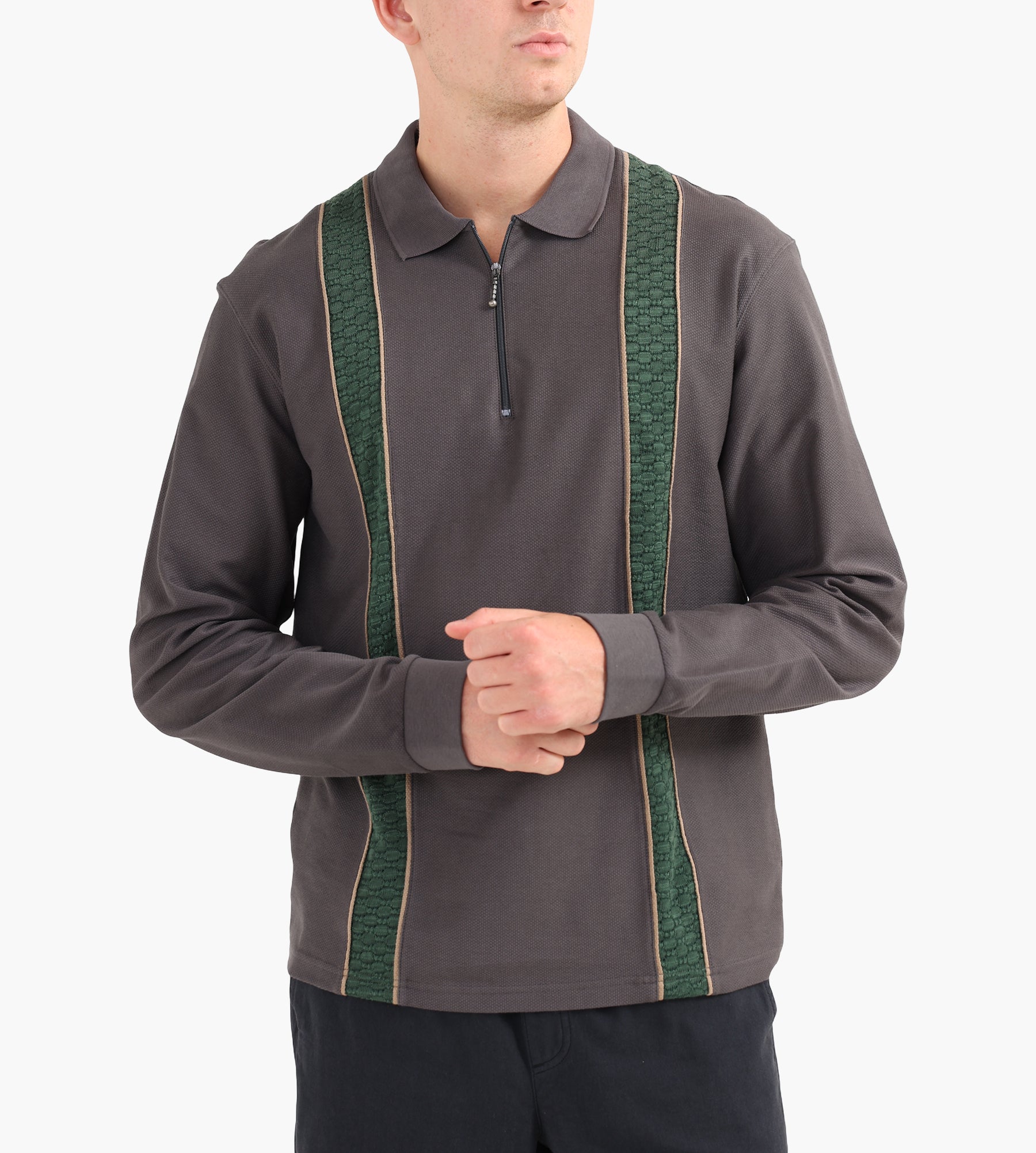 Palmes Lace Long Sleeve Zip Polo Charcoal