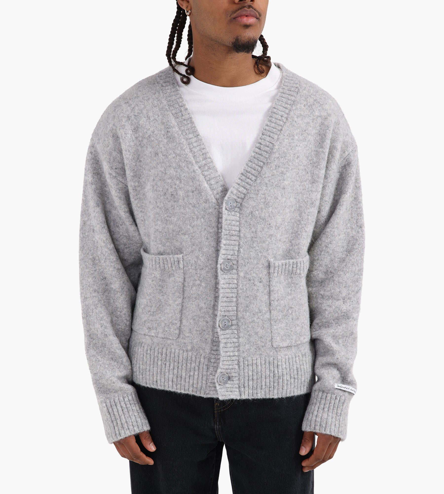 about:blank Mohair Knitted Logo Cardigan Grey Ecru