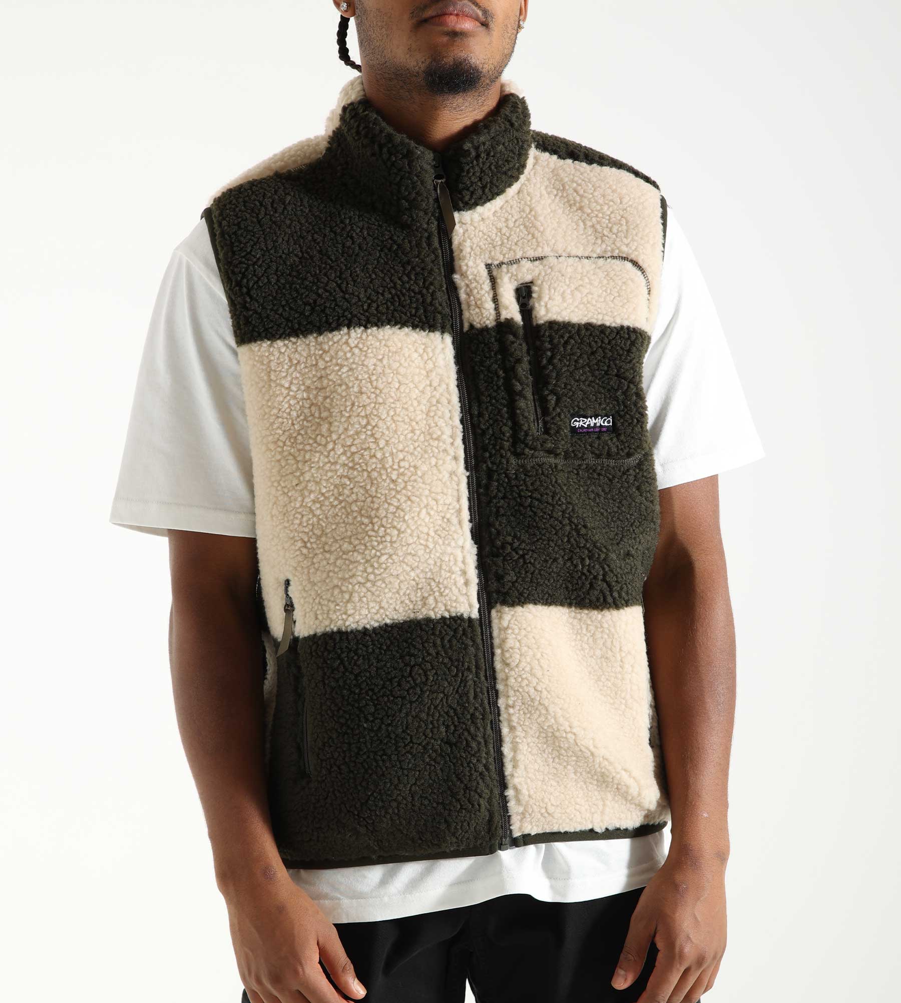 Gramicci Checkered Sherpa Vest Natural Olive Check