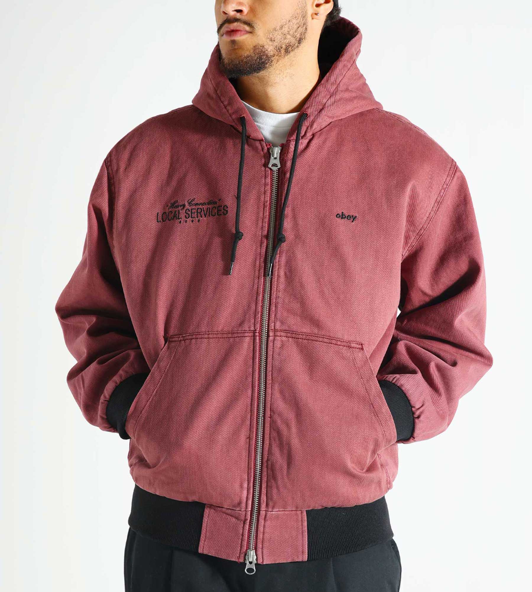 Obey Local Service Zip Up Hood Wine Faded Wash