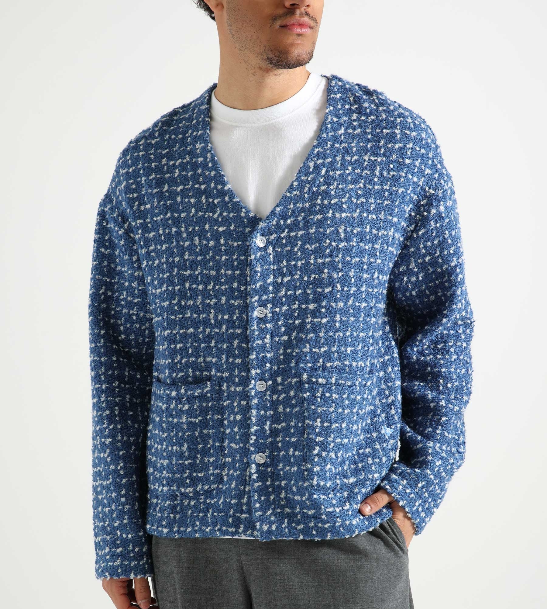 Reception Henry Cardigan Wool Boucle Mix White Mid Blue